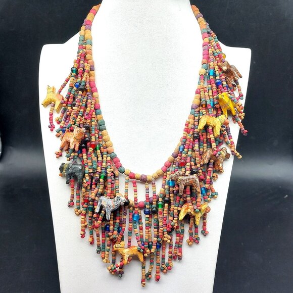 Colorful Handmade Beaded Necklace 21" – Boho Statement Jewelry with Animal Charm - Picture 1 of 7